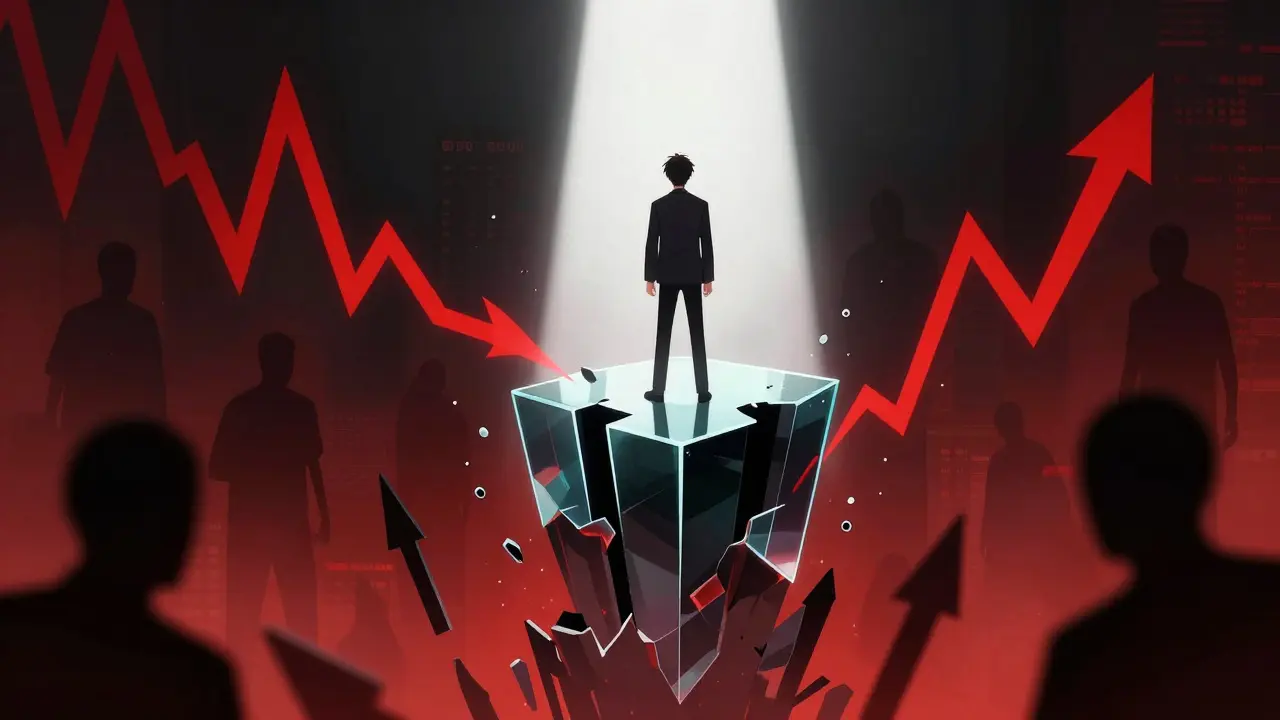 Investisseur anime sur une plateforme fragile au-dessus de graphiques baissiers