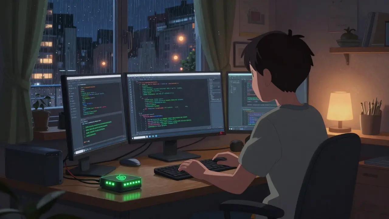 Jeune personne exécutant un nœud Bitcoin sur son ordinateur à la maison