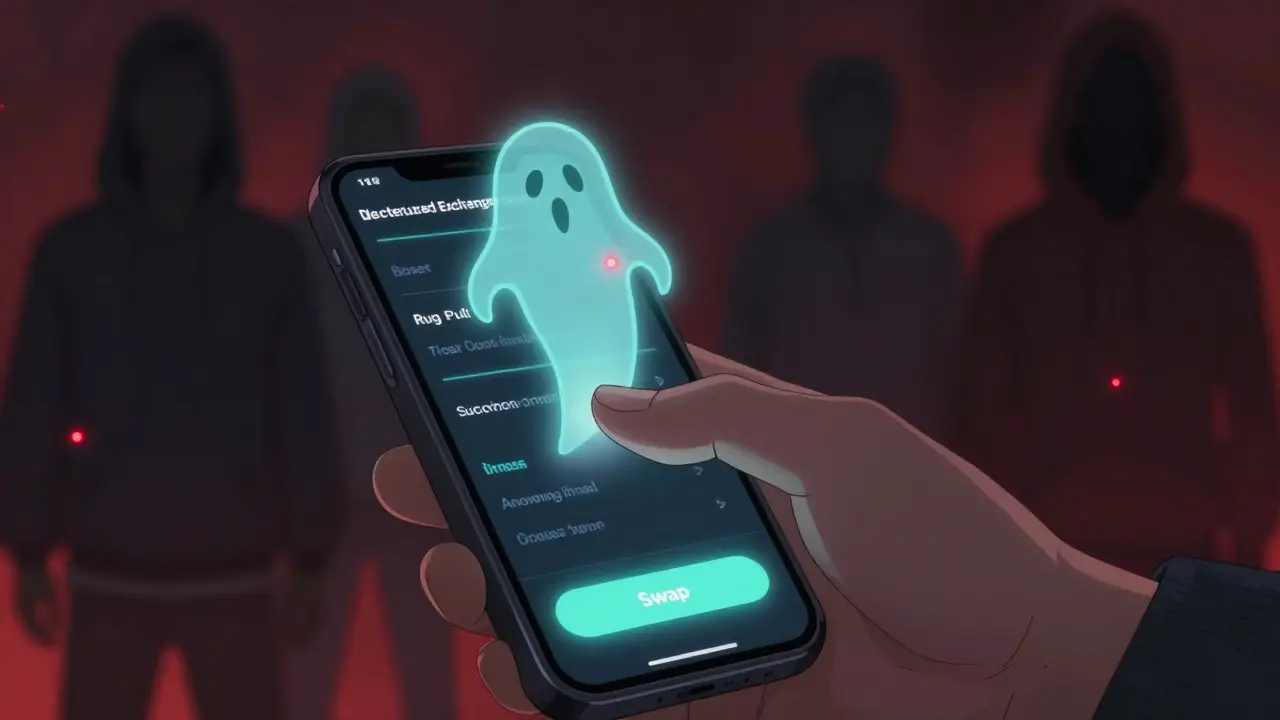 Main hésitant sur une application d'échange avec un risque de rug pull en arrière-plan