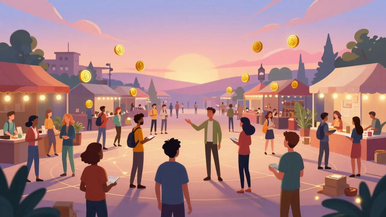 Marché mondial décentralisé où les utilisateurs échangent des compétences et des tokens