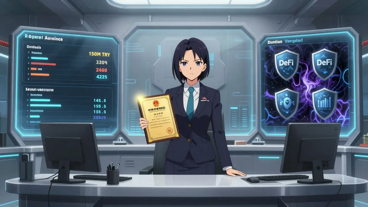 Officielle anime dans un bureau futuriste délivrant une licence CMB, bloquant les menaces DeFi sur des écrans.