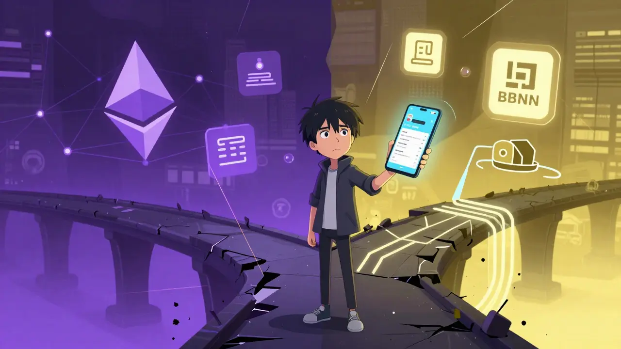 Personnage anime confus devant des réseaux Ethereum et BNB séparés
