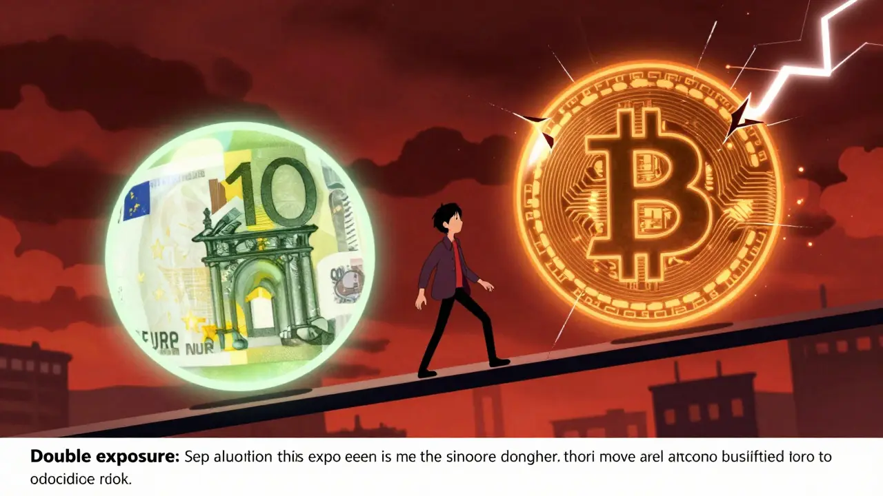 Personnage anime équilibrant des orbes volatils de devise et de Bitcoin