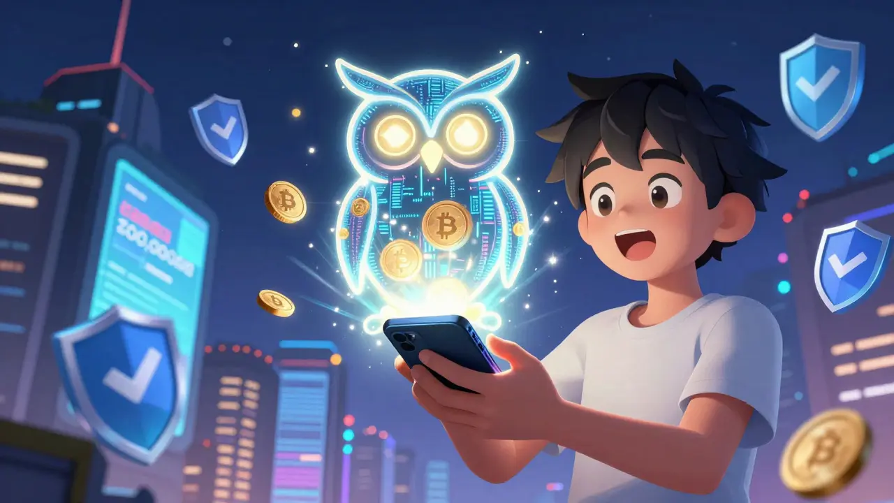 Personnage anime recevant ses tokens OWL avec une lumière magique et des symboles de sécurité