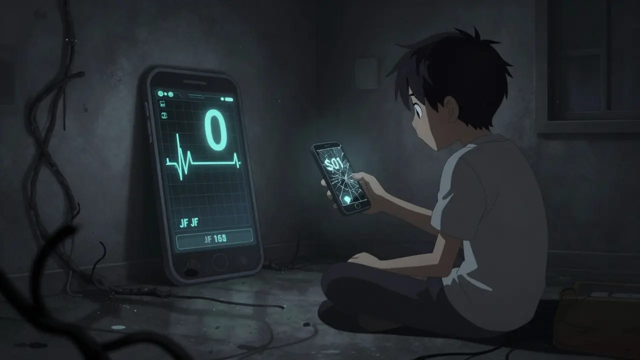 Personnage triste regardant un graphique à zéro dollar sur son téléphone
