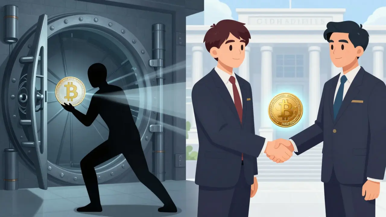 Scène divisée montrant l'interdiction des cryptos vs l'adoption des MNBC