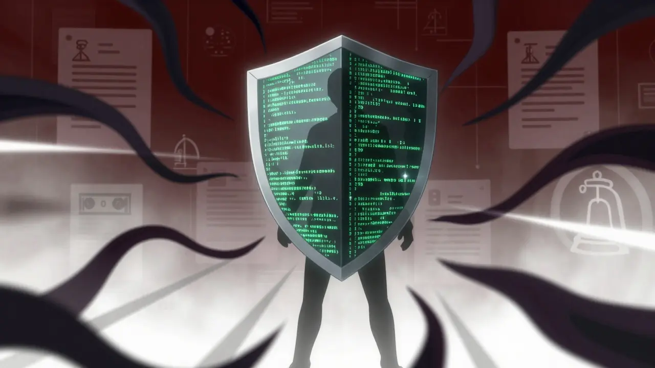 Symbole de protection numérique contre la fraude avec des boucliers de code, style anime.