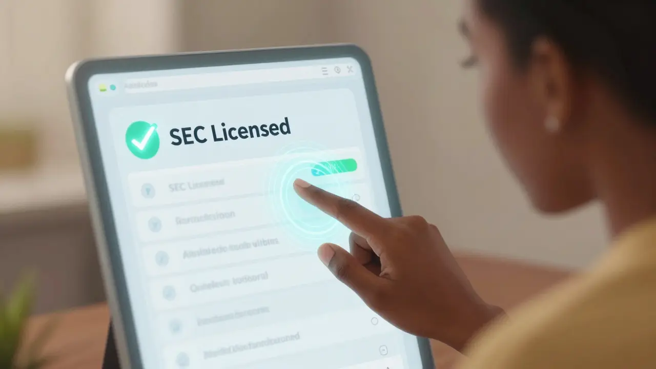 Utilisateur vérifiant la licence SEC d'une plateforme crypto en toute sécurité