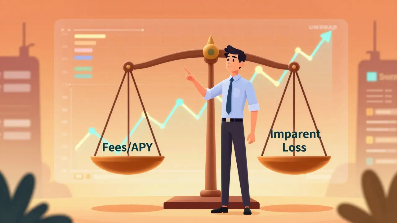 Analyste anime comparant les frais et la perte impermanente sur une balance