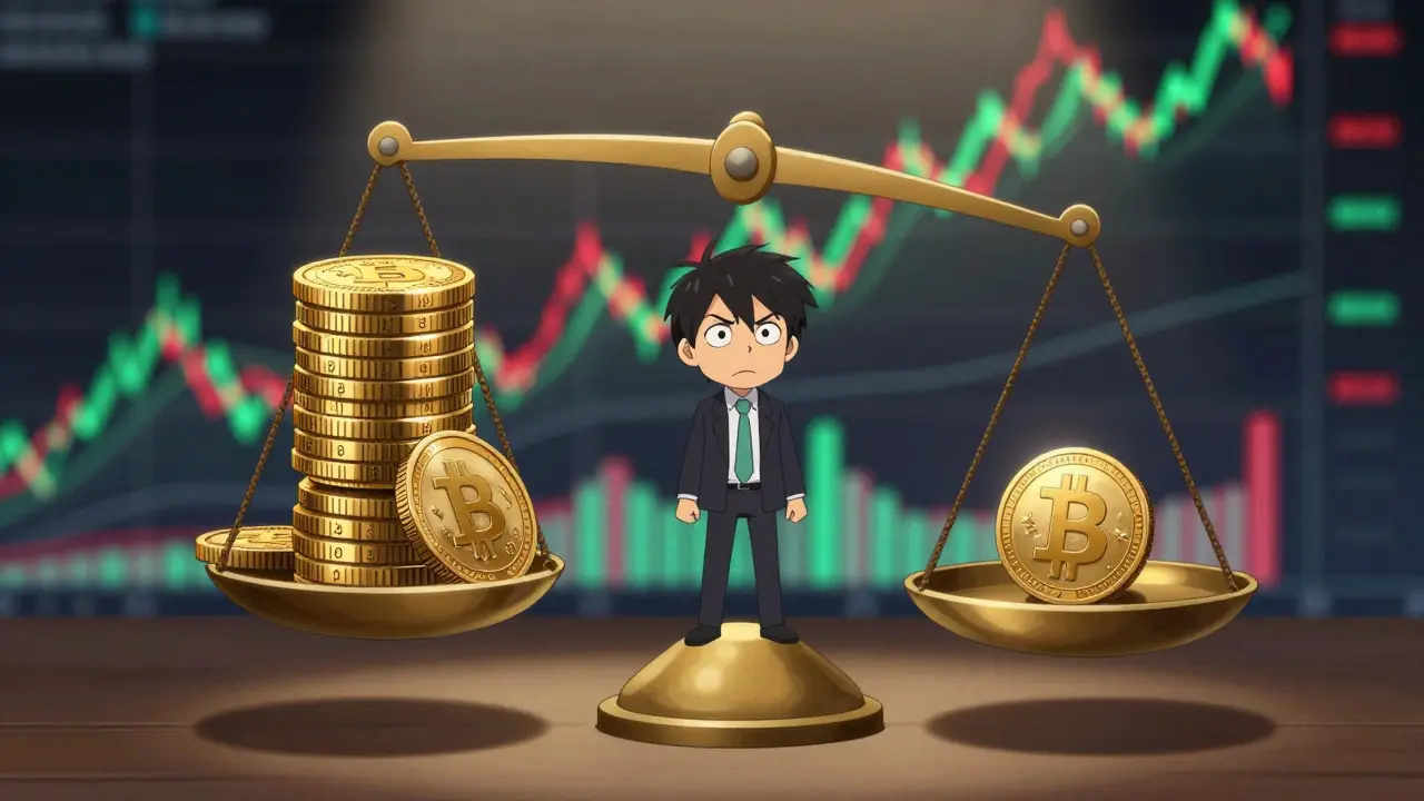 Balance illustrant le dilemme entre les récompenses JAGER et les frais de gaz, sous un graphique boursier volatil.
