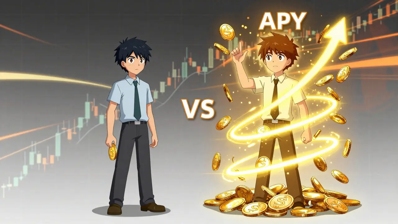 Comparaison visuelle entre intérêts simples et composés avec des pièces d'or brillantes.