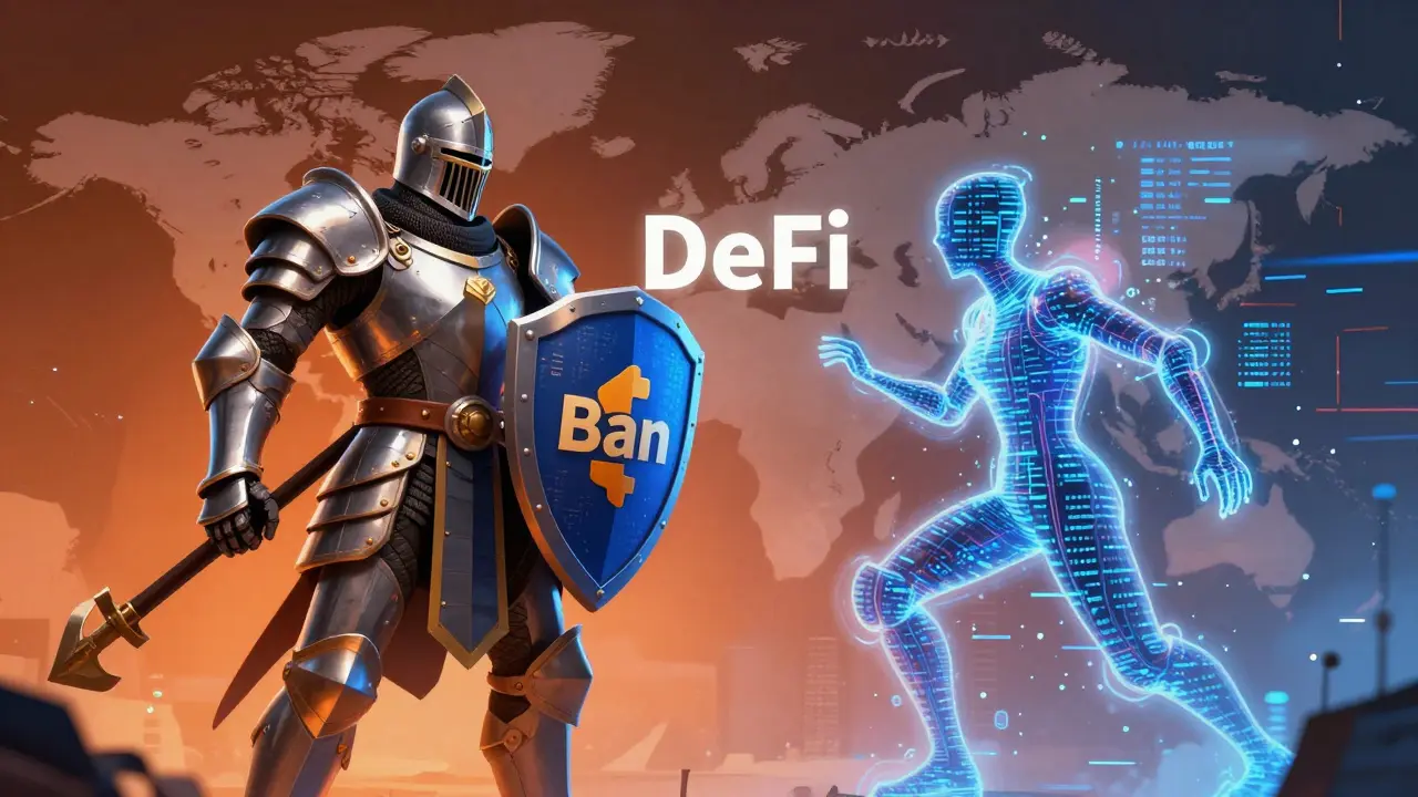 Confrontation symbolique entre régulation bancaire et finance décentralisée en style manga.