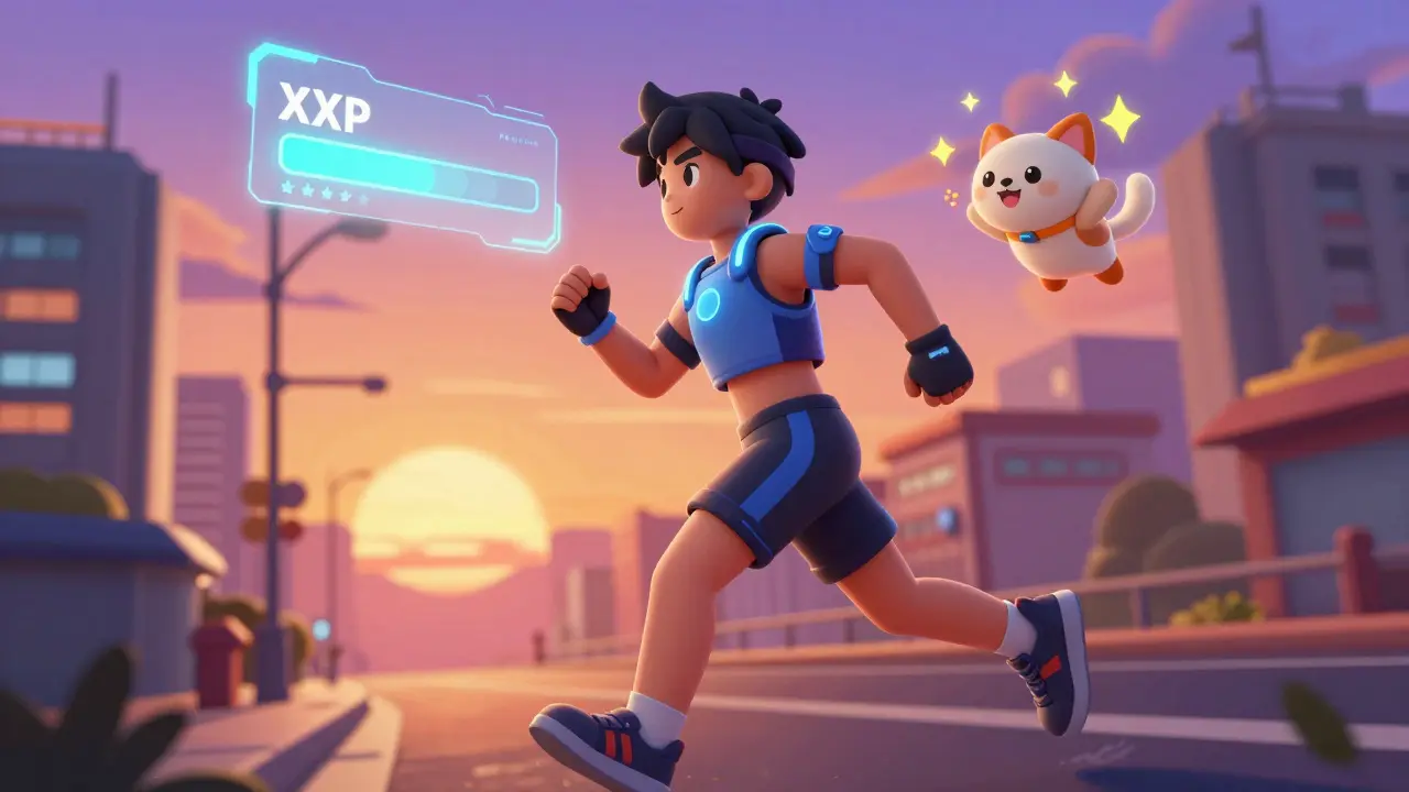Coureur anime avec son animal de compagnie numérique gagnant des points d'expérience