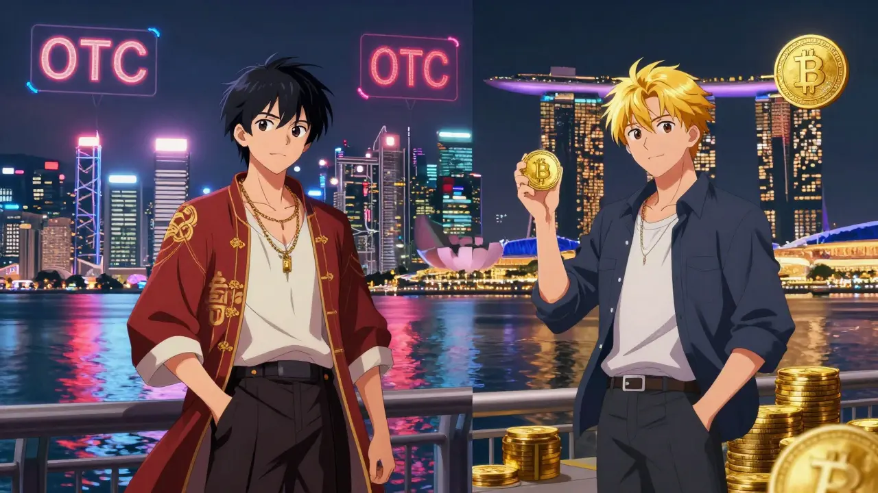 Dépiction de style anime avec ombrage cellulaire de Hong Kong et Singapour en tant que hubs crypto asiatiques. Une composition en écran divisé ou double personnage : à gauche, un personnage anime en tenue fusion traditionnelle-moderne se tient devant la skyline du Port de Victoria avec des licences de trading OTC qui brillent ; à droite, un autre personnage en décontracté intelligent est placé face à Marina Bay Sands avec des cadres de stablecoins visualisés comme des cadenas dorés.