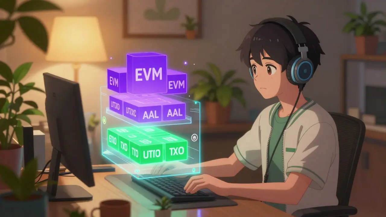 Développeur anime utilisant l'interface hybride de Qtum dans sa chambre