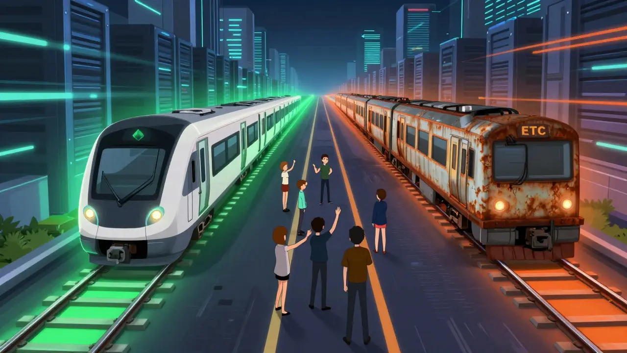Division de la route numérique : trains ETH modernes et ETC anciens dans un style anime