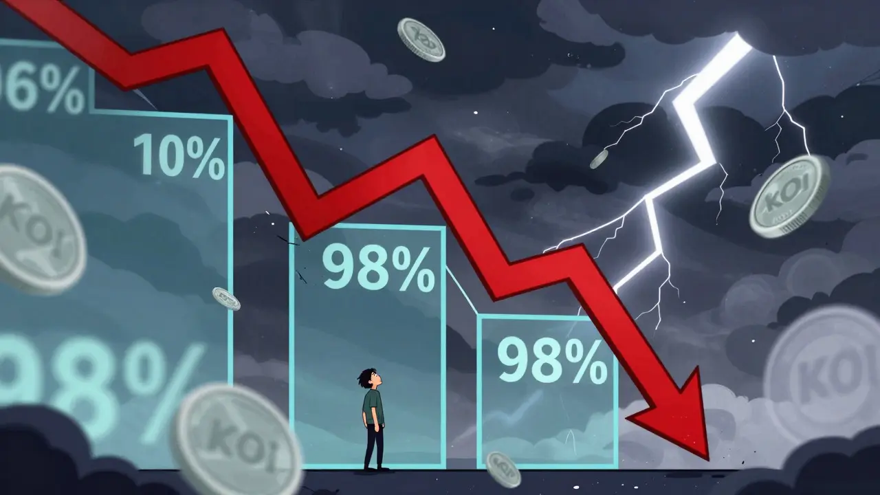 Graphique boursier en chute libre avec pièces évanouies illustrant la volatilité du token KOI