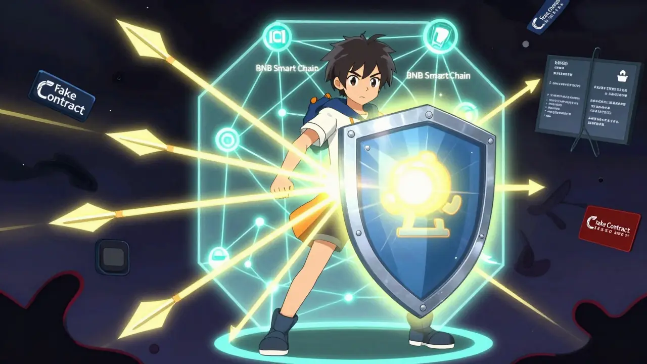 Héros anime protégé par un bouclier lumineux contre les arnaques blockchain
