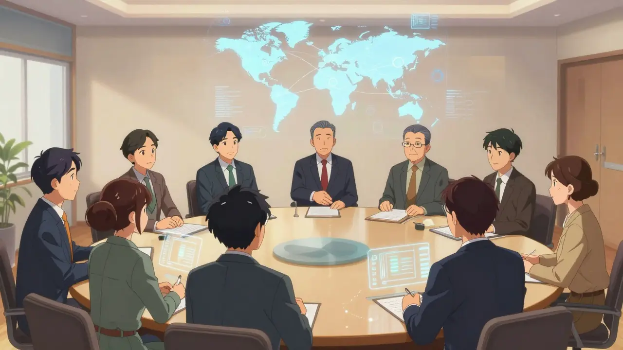 Illustration de style anime avec ombrage cellulaire de la collaboration entre les régulateurs et les dirigeants de l'industrie. Une réunion autour d'une table ronde dans une salle de conférence lumineuse et aérée où divers personnages anime (certains en costumes, d'autres en vêtements technologiques) se serrent la main et échangent des flux de données numériques. Des projections holographiques au-dessus de la table montrent des nœuds mondiaux interconnectés, symbolisant des réglementations adaptées au but.