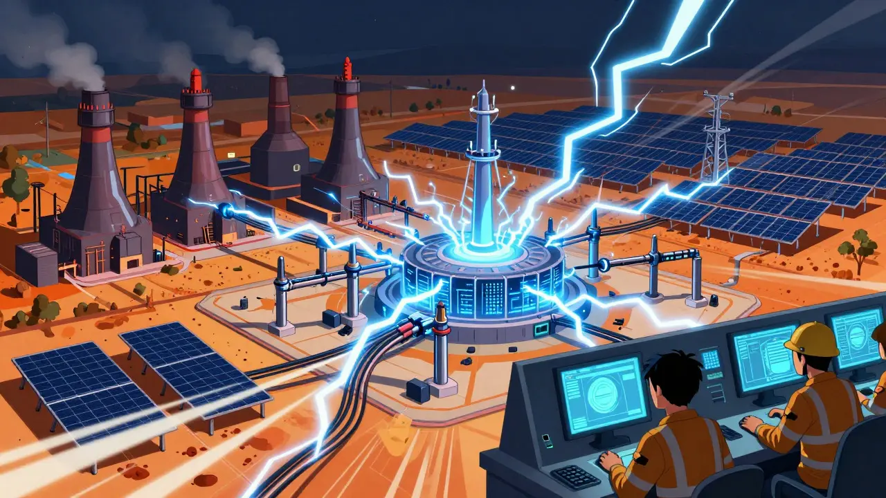 Infrastructure énergétique connectant centrales et centres de données en style anime