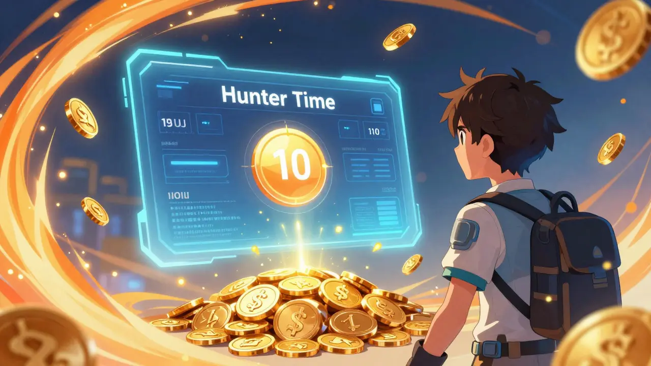 Interface de portefeuille numérique animée avec des pièces s'accumulant automatiquement et un minuteur.