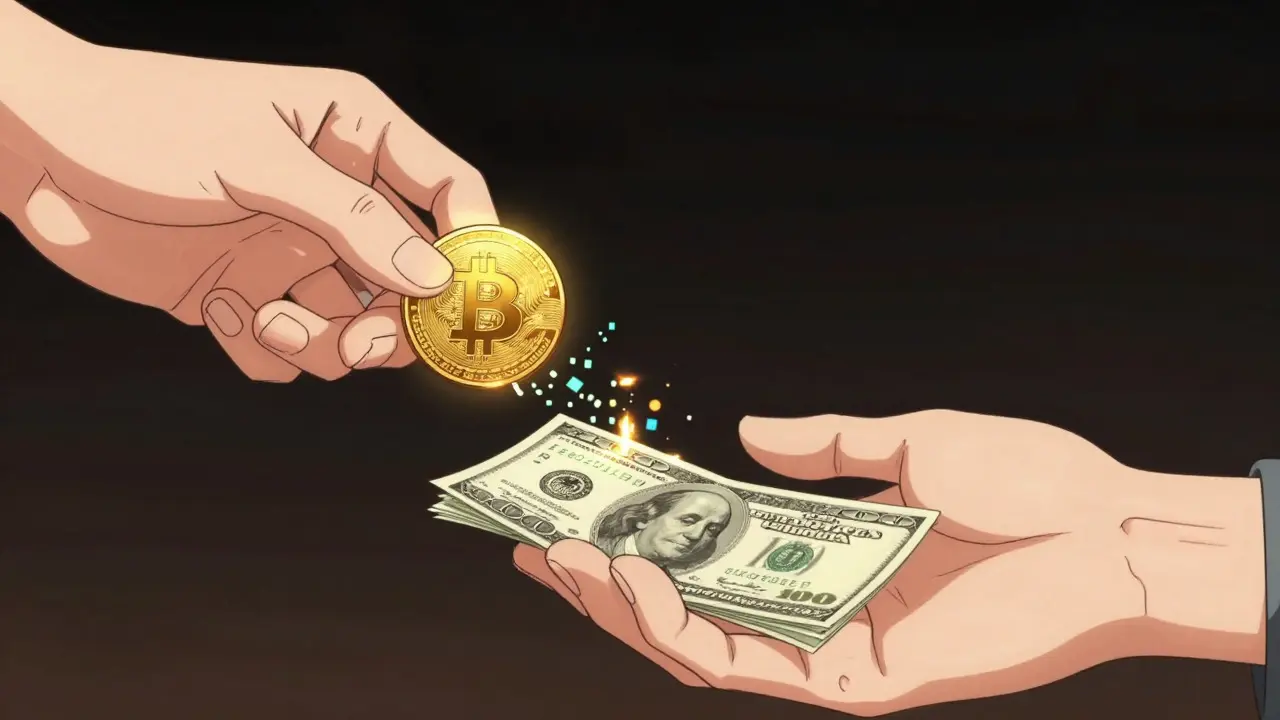 Main échangeant un Bitcoin numérique contre un objet physique dans un style anime