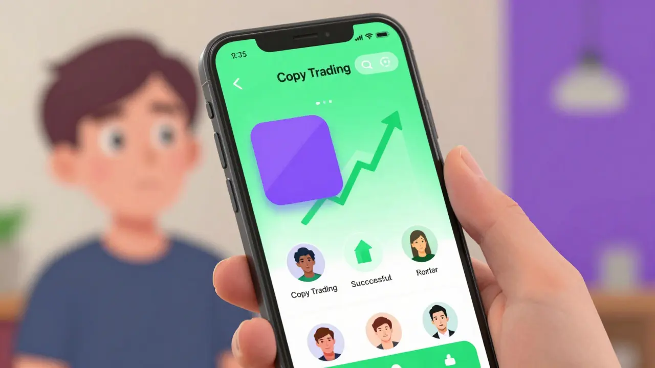Main tenant un smartphone montrant la fonction Copy Trading animée