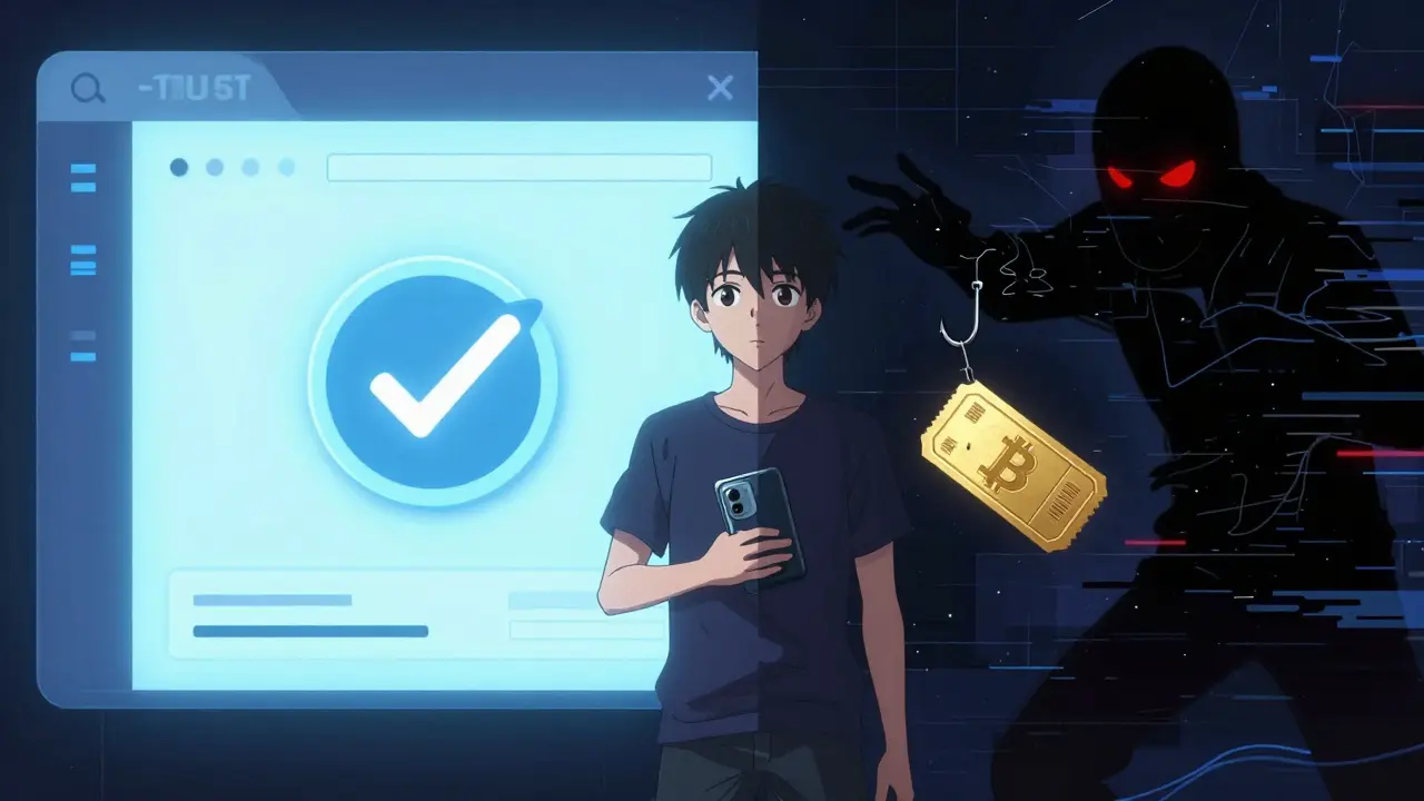 Personnage anime hésitant entre une plateforme crypto sûre et une arnaque sombre