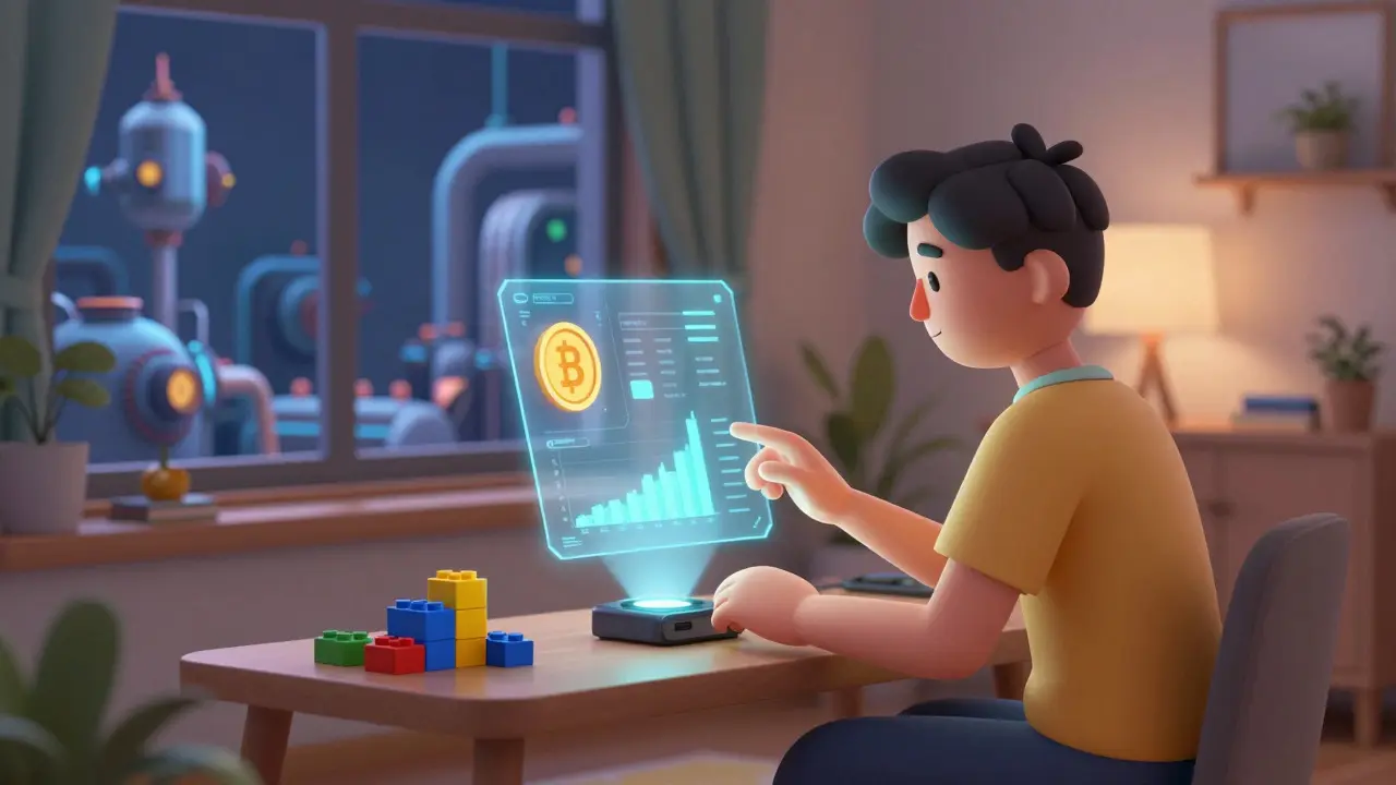 Personnage utilisant une interface DeFi simple et intuitive à la maison