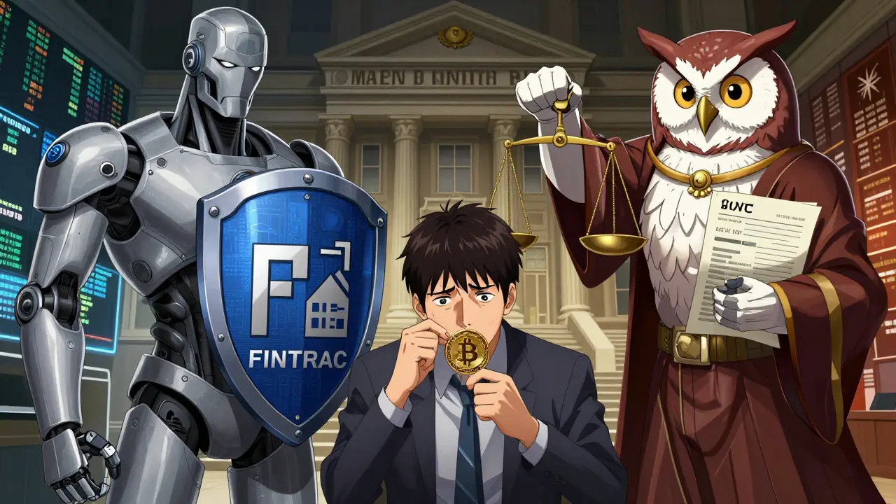 Personnifications anime de FINTRAC et ACVM scrutant un échangeur de cryptomonnaies