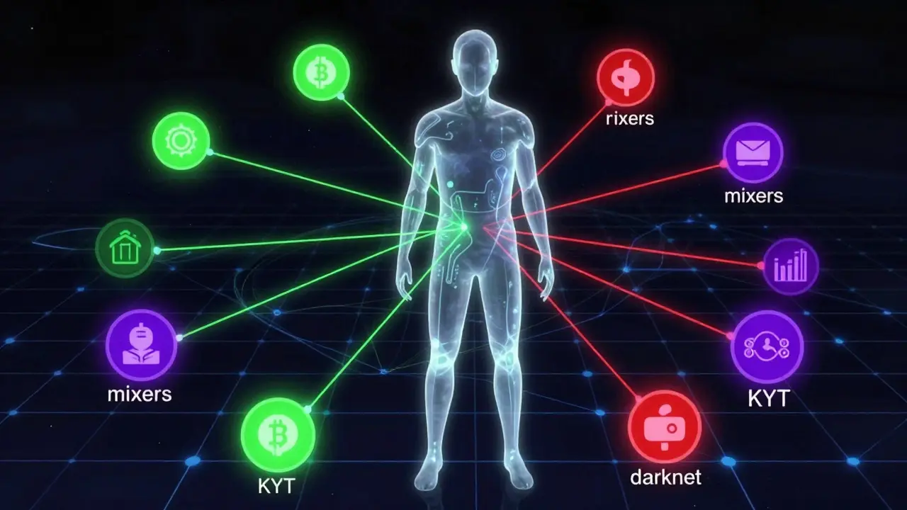 Représentation visuelle du suivi des transactions crypto et de la contamination financière