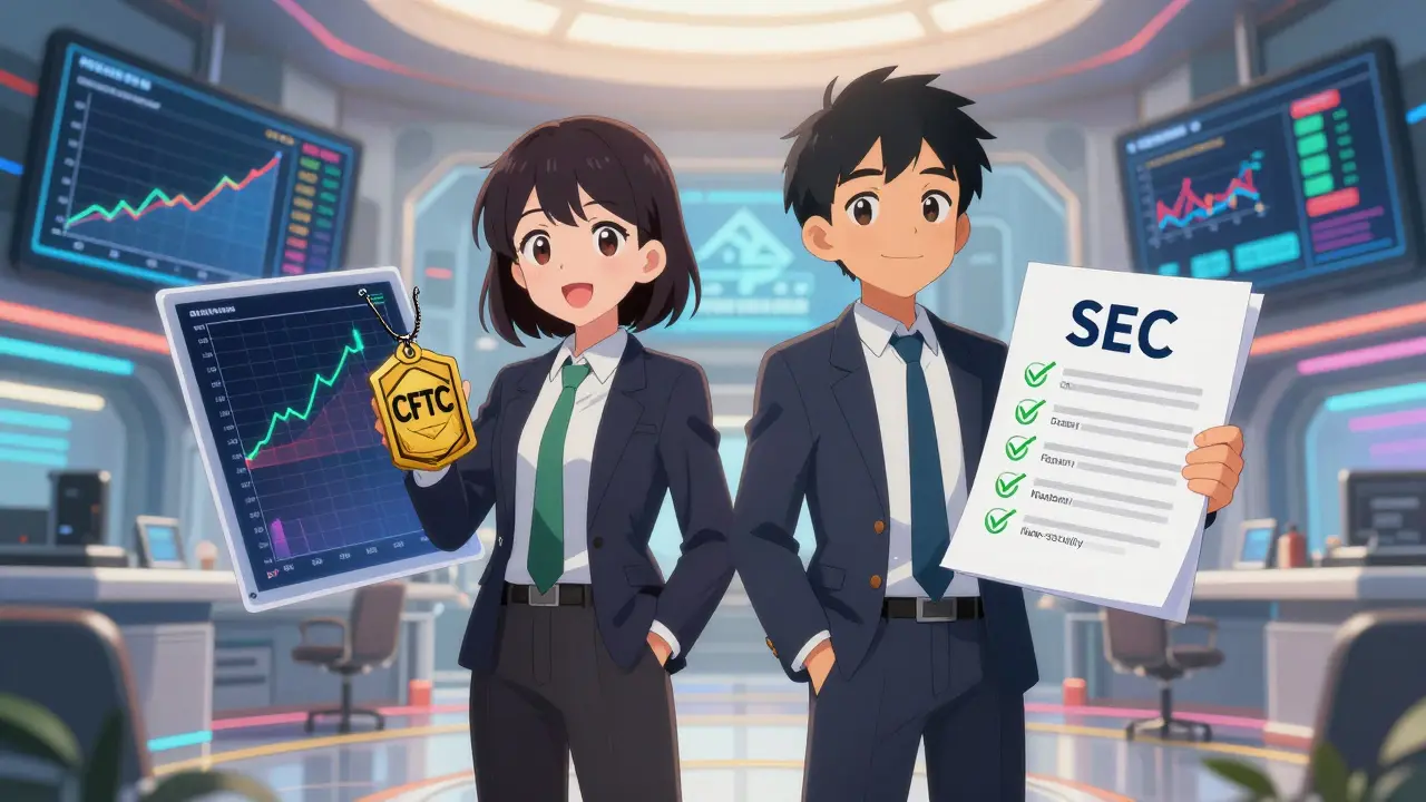 Scène de style anime avec ombrage cellulaire à l'intérieur d'une salle de marché haute technologie à Washington D.C., représentant la nouvelle clarté de la CFTC et de la SEC. Deux personnages anime distincts se tiennent côte à côte : l'un tenant un badge étiqueté 'CFTC' avec des graphiques de trading au comptant flottant autour, l'autre tenant un document étiqueté 'SEC' avec des coches vertes indiquant le statut non-titre. Derrière eux, de grands écrans montrent des graphiques crypto en hausse et des logos institutionnels.