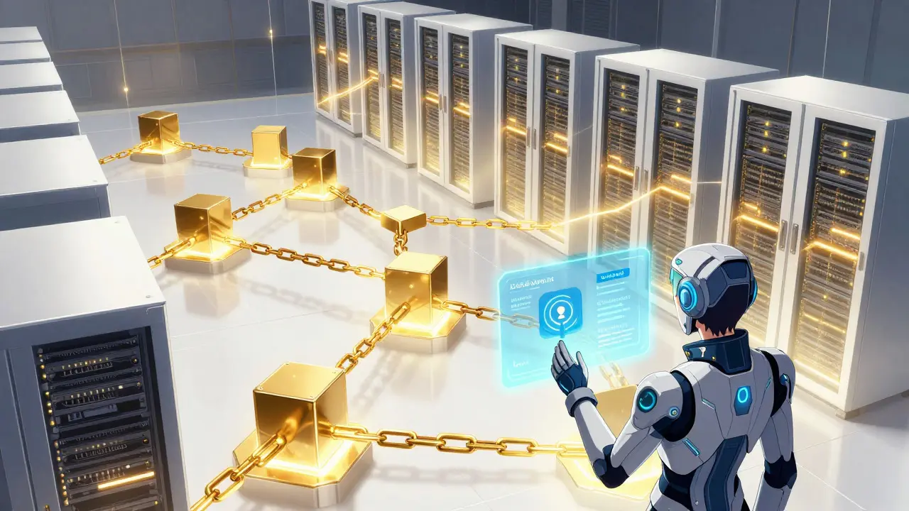 Serveurs connectés par des chaînes dorées symbolisant la blockchain