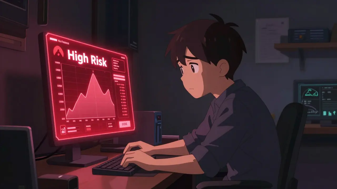 Trader anxieux regardant une interface holographique affichant un avertissement de risque élevé
