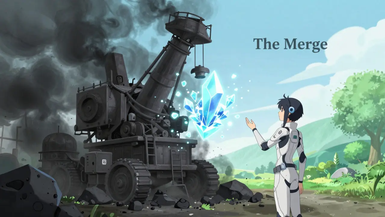 Transition magique du minage industriel aux cristaux validateurs verts dans le style anime