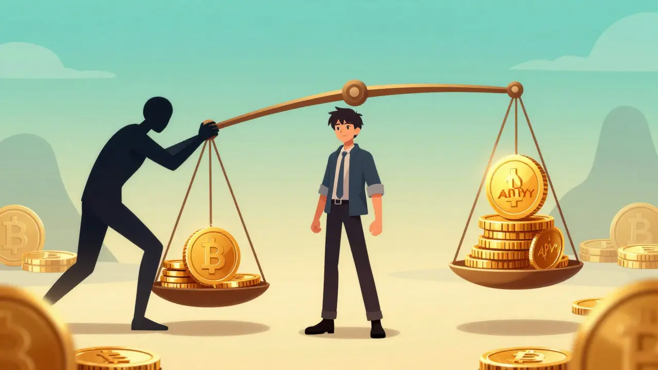 Une balance animée montrant les récompenses APY surpassant la perte impermanente.