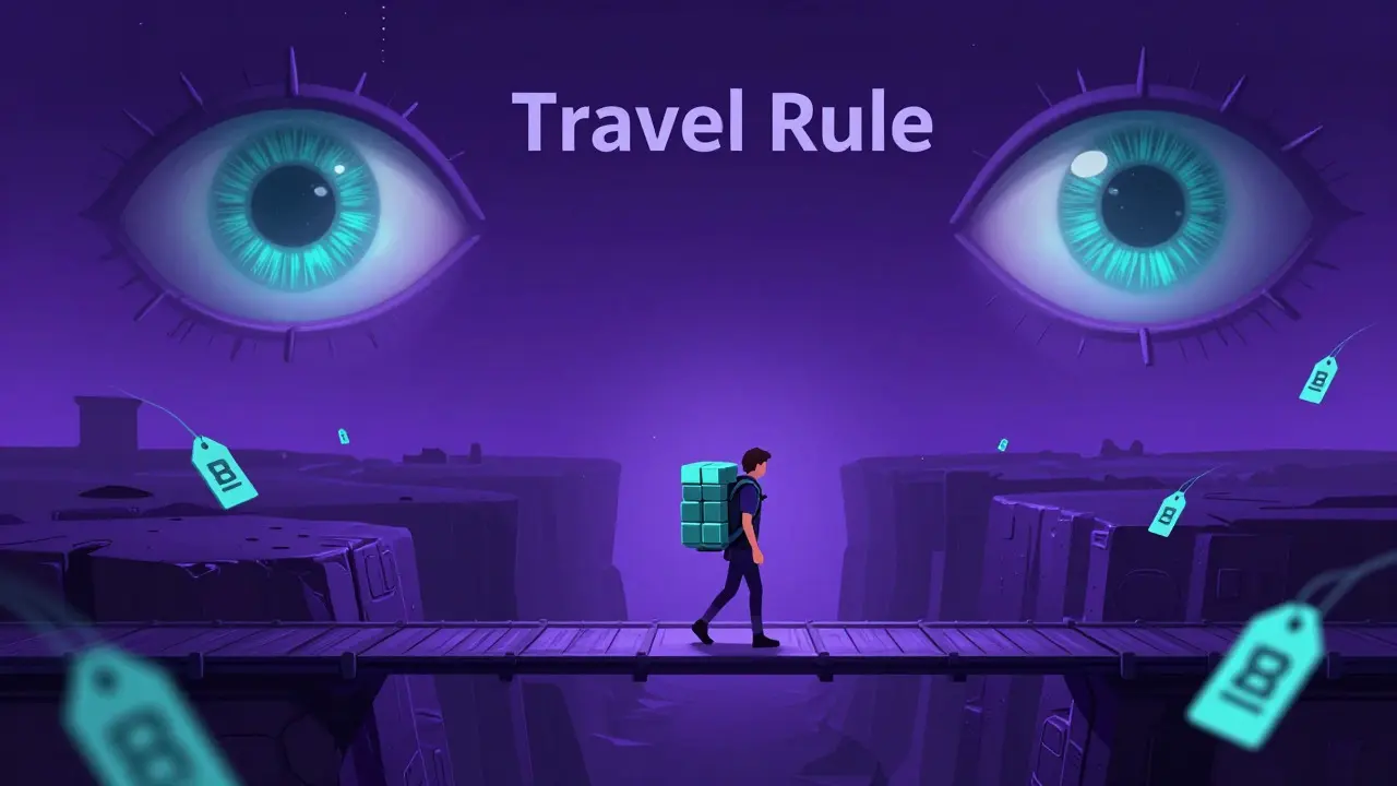 Voyageur numérique surveillé par des yeux géants sur un pont conceptuel