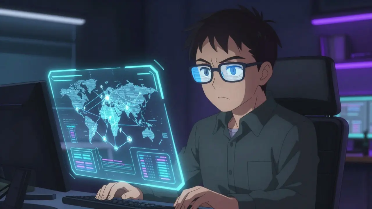Anime character analyzing blockchain data on holographic screens in a tech office