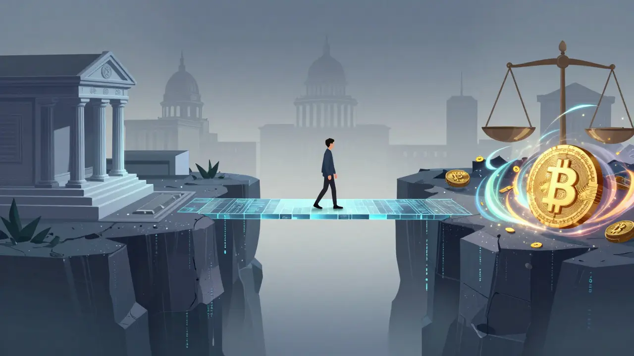 Anime figure walking a digital bridge between banking and crypto in a gray zone
