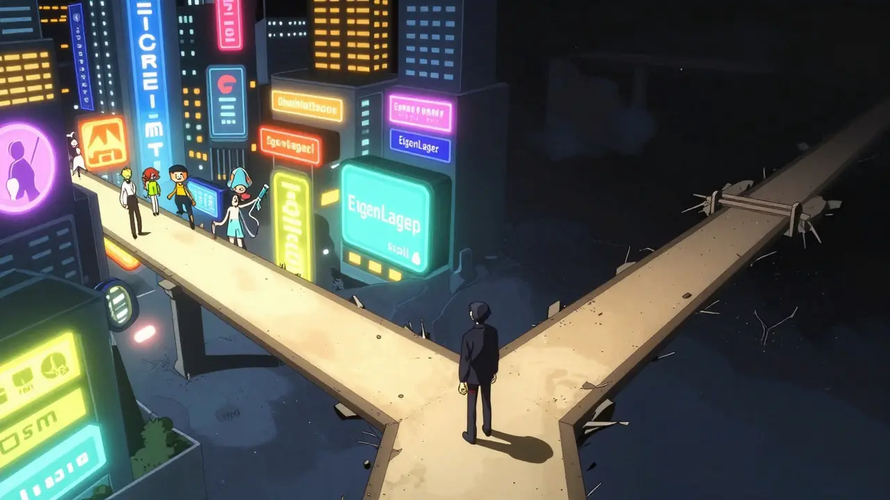 Carrefour nocturne entre une ville lumineuse et un pont brisé en style anime
