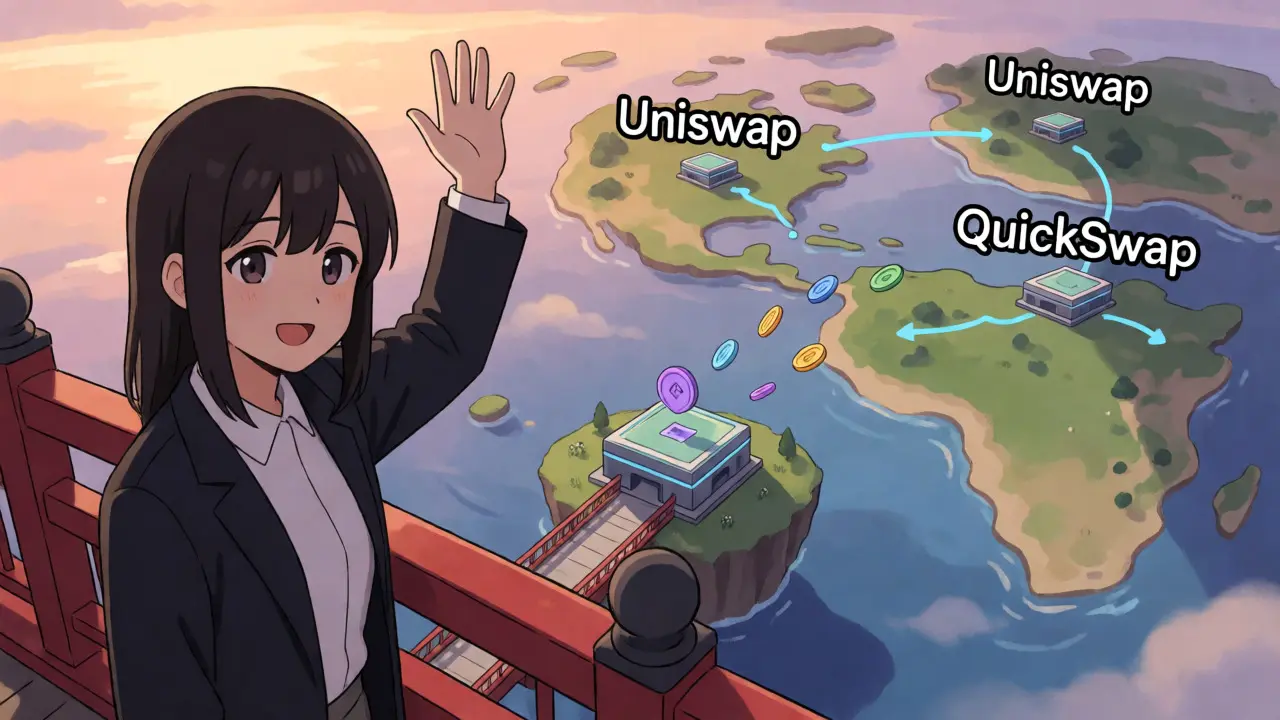 Cérémonie d'adieu anime où PancakeSwap quitte une île numérique pour de nouveaux réseaux.