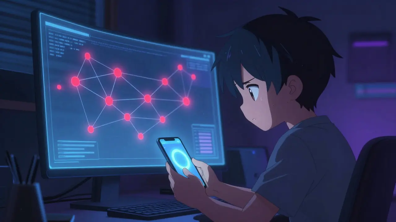 Développeur frustré face aux délais de validation blockchain dans un style manga