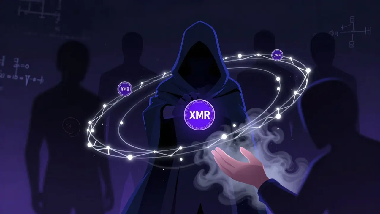 Figure mystérieuse tenant une pièce Monero entourée de signatures en anneau lumineuses