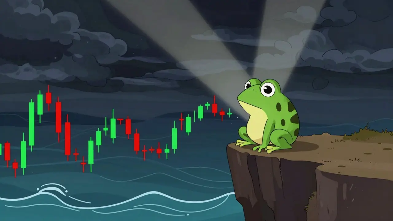 Grenouille anime sur un précipice face à des vagues de graphiques boursiers volatils