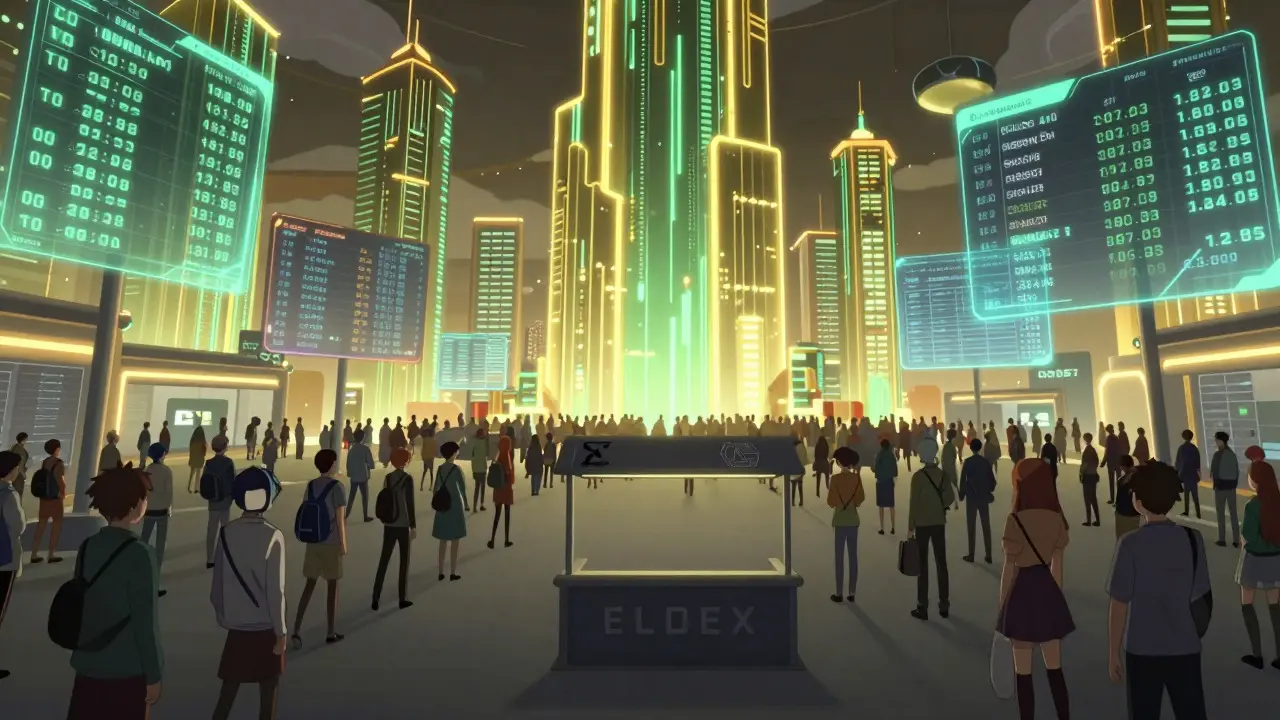 Hub de trading animé et sûr comparé à un stand vide et sombre pour ELDEX