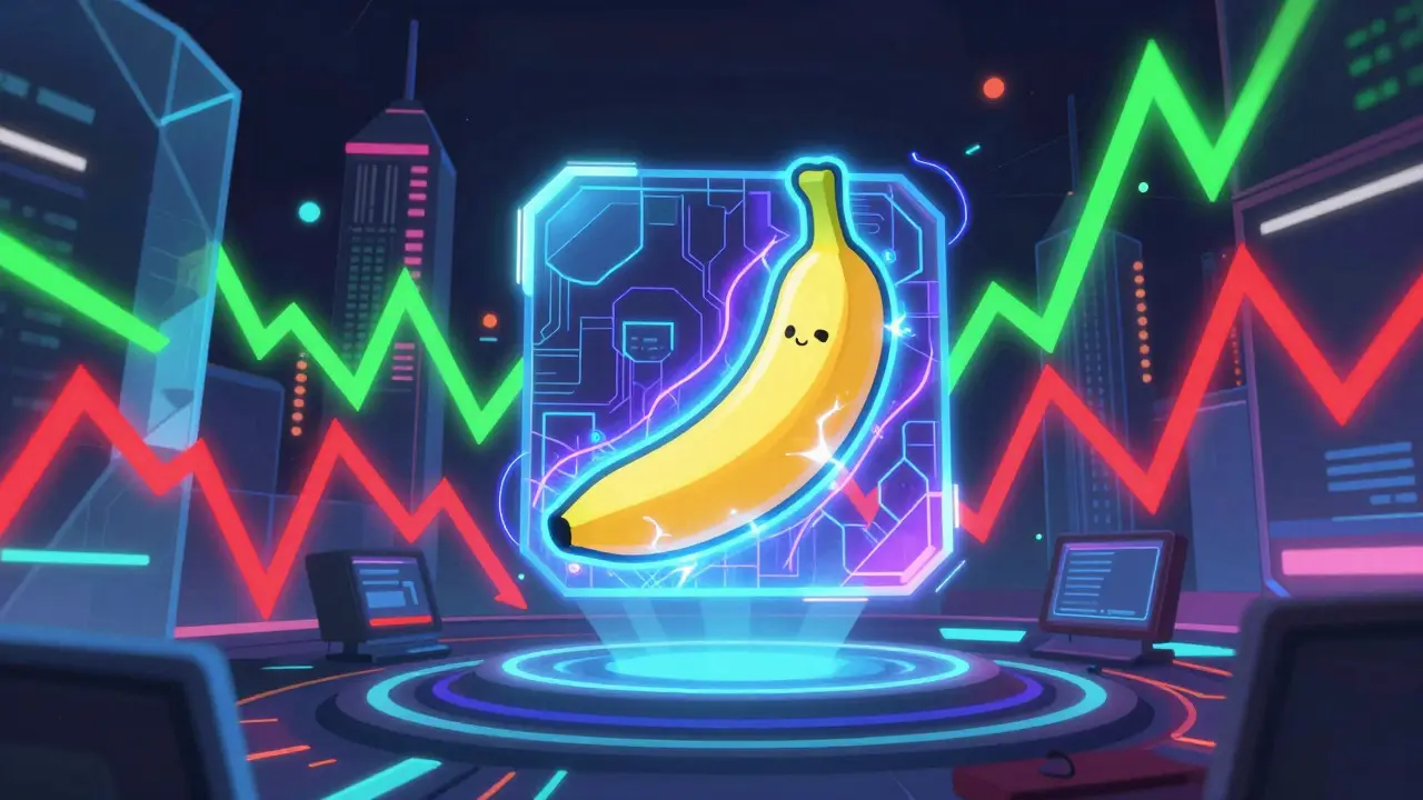 Icône de banane néon entourée de flux de données dans un style cyberpunk