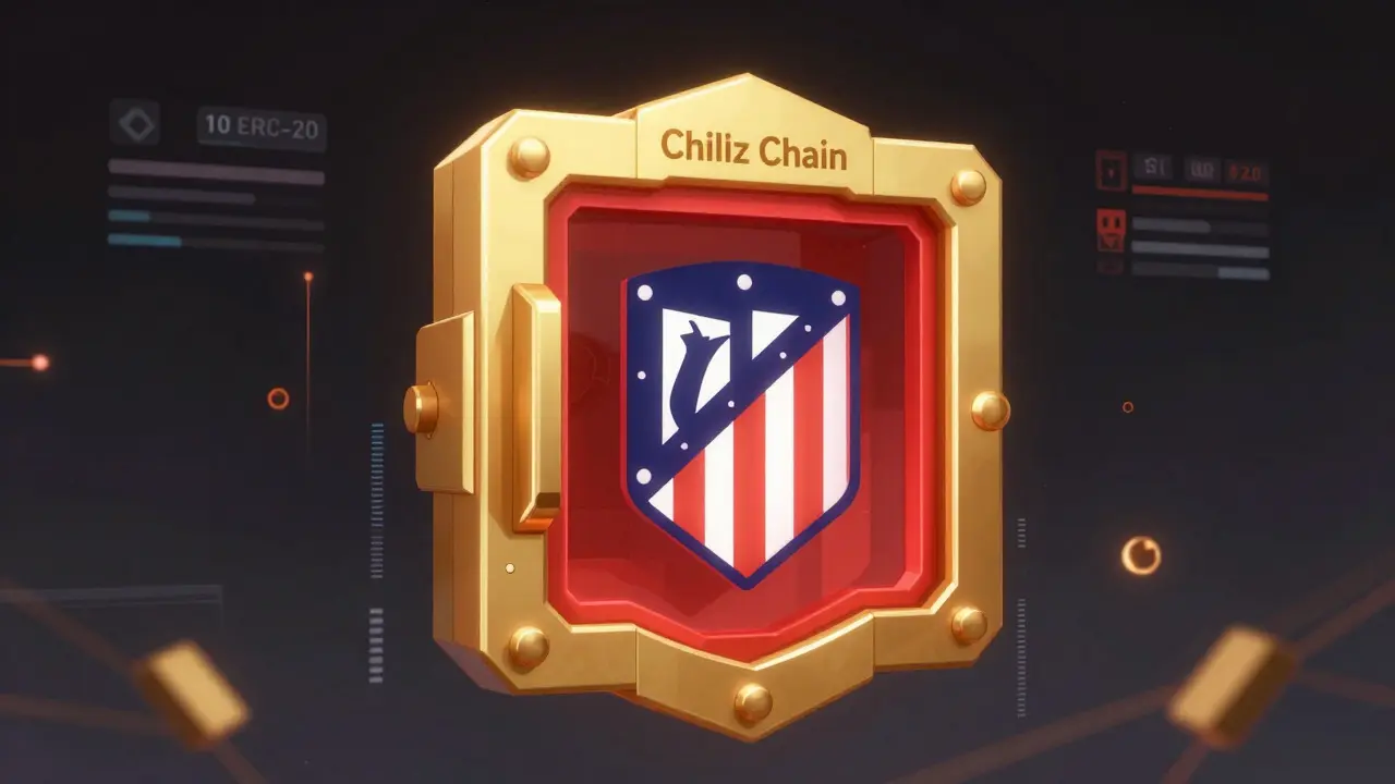 Interface blockchain futuriste avec le blason de l'Atlético et un coffre numérique