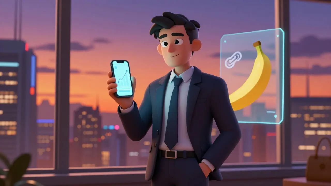 Investisseur anime confiant tenant un téléphone devant une ville futuriste