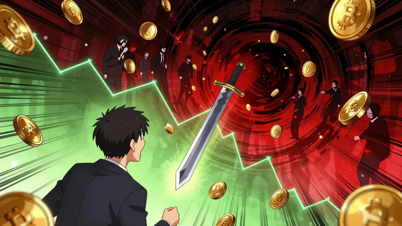 Investisseurs perdant leurs fonds lors d'un rug pull dépeint en animation japonaise