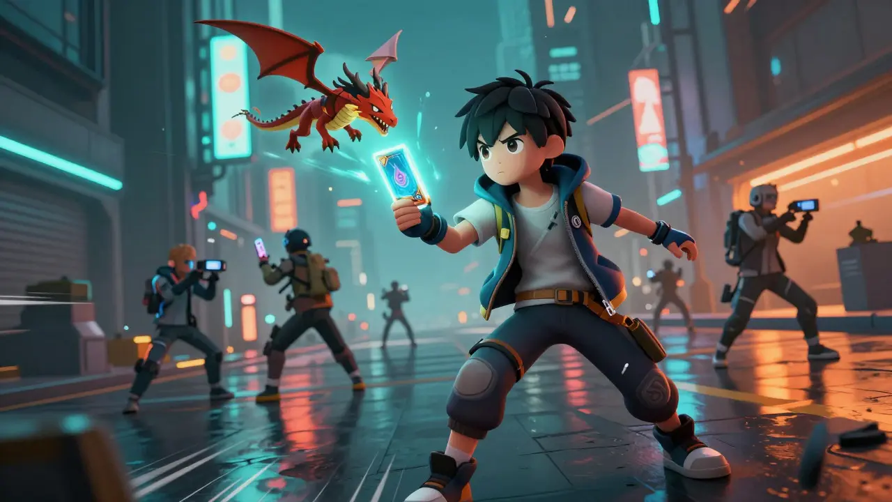 Joueur tenant une carte holographique projetant un dragon en ville cyberpunk
